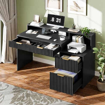 Vabches Fluted Computer Desk with Drawers, Home Office Desk with Power Outlets, Printer Stand and Storage Cabinet, Study Writing Desks with Long Monitor Stand, Black - color: Black
