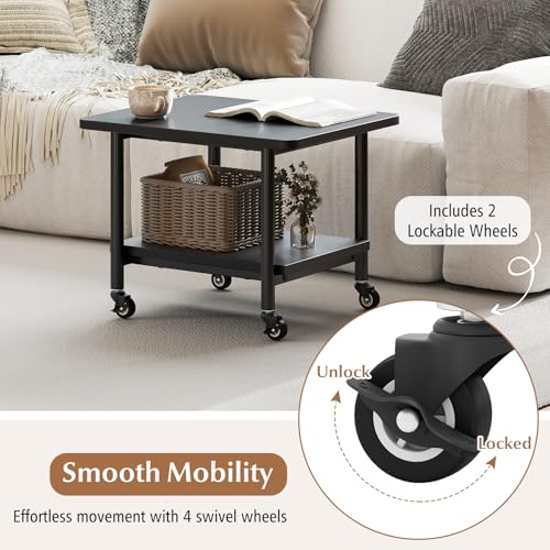 GOFLAME Under Desk Printer Stand, 2-Tier Mobile Printer Table with Storage Shelf, Metal Frame, Rolling Printer Cart Holder Storage Rack with Lockable Wheels for Home Office, Black - color: Black