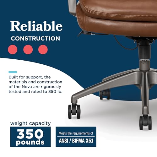 La-Z-Boy High-Back Ergonomic Office Chair, AIR Lumbar Support Leather Chair | Nova, 350lb Capacity Executive Task Chair, Padded Headrest & Arm, Layered Foam Seat Cushion, Swivel, Back Pain Relief, Cognac - color: Cognac