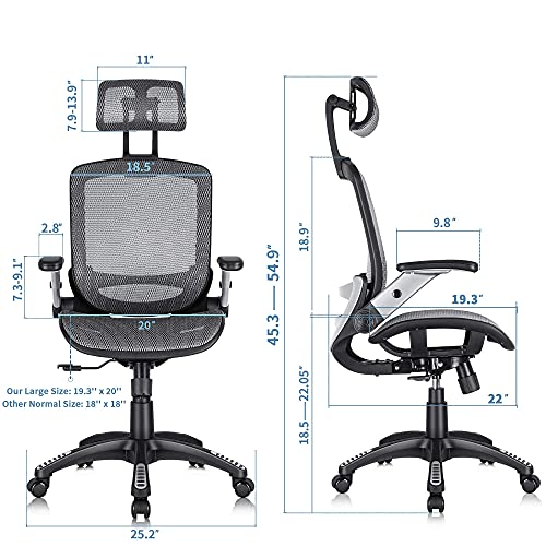 GABRYLLY Ergonomic Office Chair, High Back Home Desk Chair with Headrest, Flip-Up Arms, 90-120° Tilt Lock and Wide Cushion, Big and Tall Mesh Chairs for Man Woman, Grey Task Chair - color: Grey