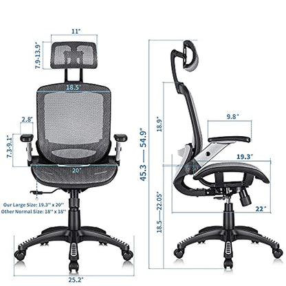 GABRYLLY Ergonomic Office Chair, High Back Home Desk Chair with Headrest, Flip-Up Arms, 90-120° Tilt Lock and Wide Cushion, Big and Tall Mesh Chairs for Man Woman, Grey Task Chair - color: Grey
