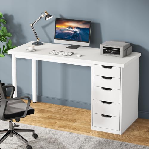 Tribesigns Computer Desk with 5 Drawers, 47 inches Rustic Brown Home Office Desk with Storage, Modern Simple Laptop Desk Study Writing Table for Small Spaces (1, White) - color: White