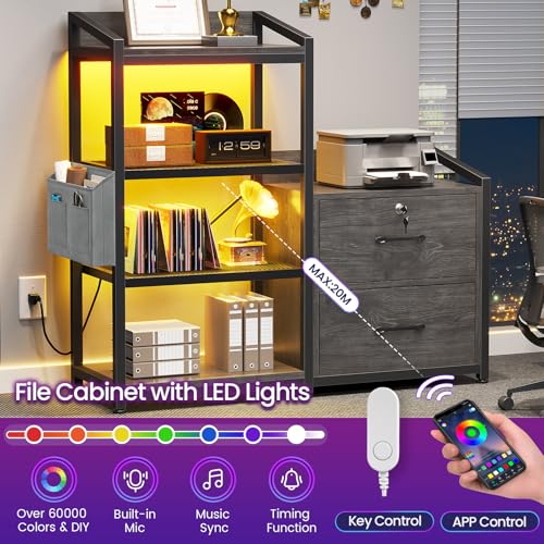 SEDETA 2 Drawer File Cabinet, Filing Cabinet fits Letter Legal, A4 Size, File Cabinets for Home Office with Lock, Power Strip, LED Lights and Open Shelf, Grey - color: Grey