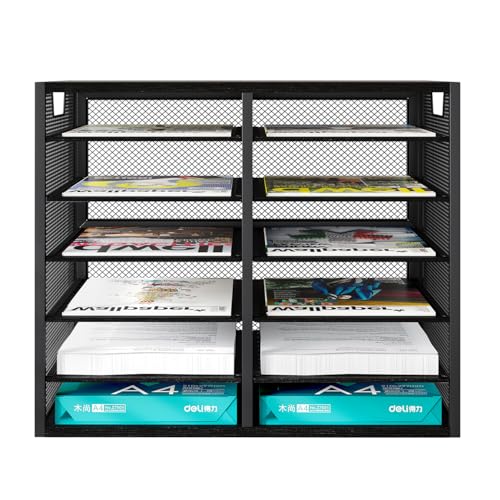 PAG Mass Mail Holder, Adjustable Countertop Literature Organizer, Student Mailbox, Desktop Bill Paper Organizer, 12 Compartments, Black - color: Black, size: 21.1" × 12.2" × 16.14"