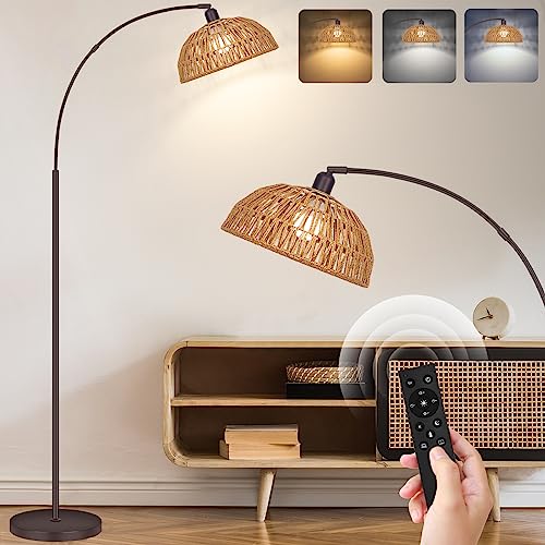 Brilvibera Boho Floor Lamp with Remote Arc Tall Lamp | Bronze Floor Lamps with Stepless Dimmable Bulb, Hand-Worked Adjustable Rattan Lampshades, Brown Rattan Standing Lamp - style: Bronze Rattan Arc Lamp