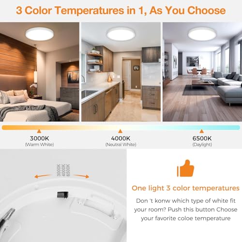 1PACK LED Flush Mount Ceiling Light Fixture, 3000K-4000K-6500K & 100W Equivalent Modern Kitchen Ceiling Lamp 24W 3200Lm 12 Inch Closet Round Surface for Bathroom Laundry Bedroom Hallway - color: White, size: 12Inch-1Pack