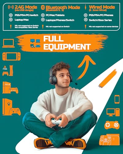BINNUNE Wireless Gaming Headset — 2.4GHz Low-Latency USB Dongle + Bluetooth, 50mm Drivers 7.1 Surround, Noise-Cancelling Mic, 40H Battery — Over Ear Wireless Headphones for PS5, PC, Laptop, Orange - color: Orange