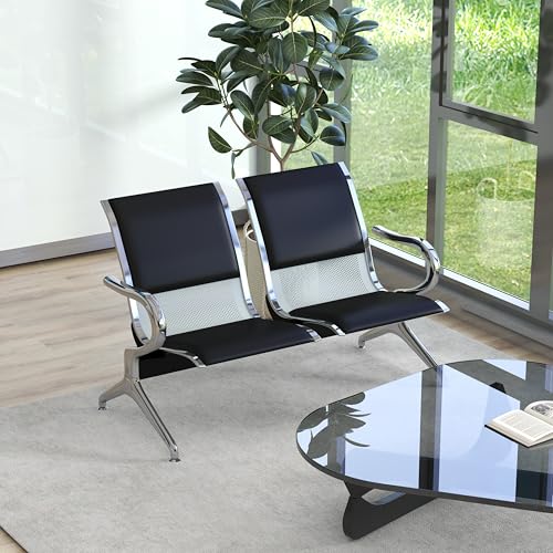 Kinsuite 2-Seat Waiting Room Bench - PU Leather Waiting Room Chairs with Arms & Non-Slip Foot Mats, Reception Chairs Guest Chair for Office Airport Bank Salon, Black - color: Pu Black, size: 2-Seat