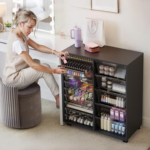 WOPITUES Mobile Storage Cabinet with 15 Clear Drawers, Modern Black | Craft Cabinet with 5 Large Drawers, Cart with Wooden Tabletop, Printer Stand Home Office, Dresser Chest - color: Black, size: 10M+5L