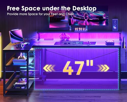 ODK 58 Inch L Shaped Gaming Desk with LED Lights, Power Outlets, Black - size: 58 Inch