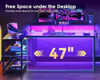 ODK 58 Inch L Shaped Gaming Desk with LED Lights, Power Outlets, Black - size: 58 Inch