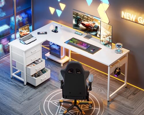AODK 61" L Shaped Gaming Desk with 4 Drawers and Power Outlets, White - color: White, size: 61 Inch