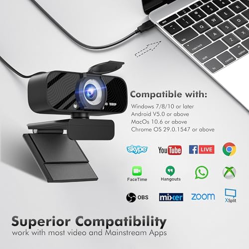 Gozvrpus USB HD Webcam with Built-in Microphone and Rotatable Tripod, 1080P Video, Wide Angle Camera, Privacy Cover, for Desktop PC or Laptop Computer （Grey）