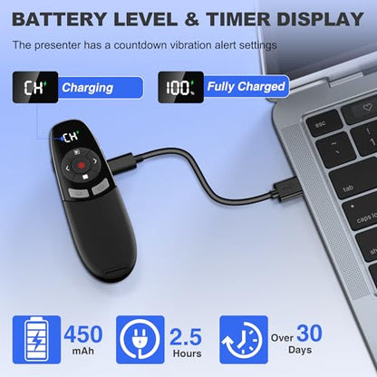 Presentation Clickers for PowerPoint with Timer, Wireless Rechargeable Laser Pointer for Laptop Presentations Remote, Power Point Remote Clicker for Computer/Mac/PPT/Google Slide Advancer - size: Re-Red-Timer-Battery Display