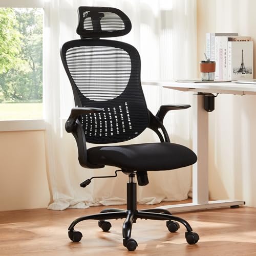 Sweetcrispy Home Office Managerial Executive Chair, High-Back Mesh with Adjustable Headrest, Flip-up Armrest Comfortable Lumbar Support, Comfy Arms for Bedroom,Study,Student - color: Black, size: 20.08"D&High Back&Flip-up Arm