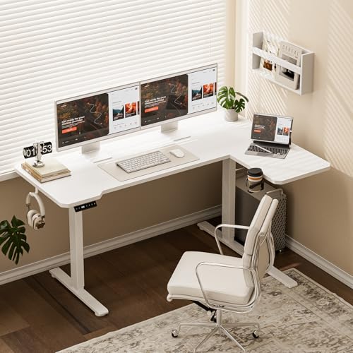 L Shaped Electric Standing Desk - 51x31.5 Inch Reversible Corner Sit Stand Desk with Hook&Cup Holder,Electric Height Adjustable Table,for Small Home Office&Bedroom Computer Desk, White - color: White, size: L-shaped 51 Inches