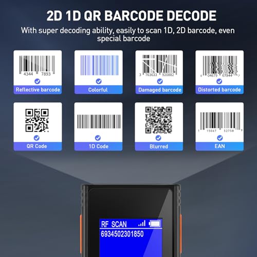 Barcode Scanner Wireless, 1D 2D Mini Bar Code Scanner with 1.77 Inch Display Screen, Rechargeable Portable Handhold Barcode Reader with 2.4G Wireless Receiver Plug and Play