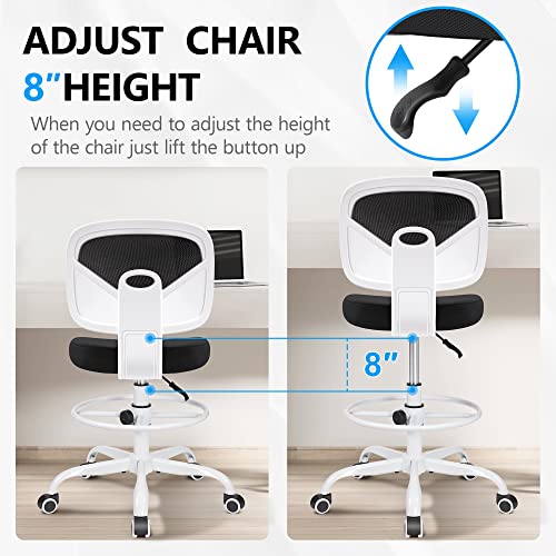 Primy Armless Mid-Back Ergonomic Standing Desk Chair - Mesh Rolling Tall Chair, Adjustable Height and Footring, Art Room, Office or Home (White) - color: White, size: PR777-Z