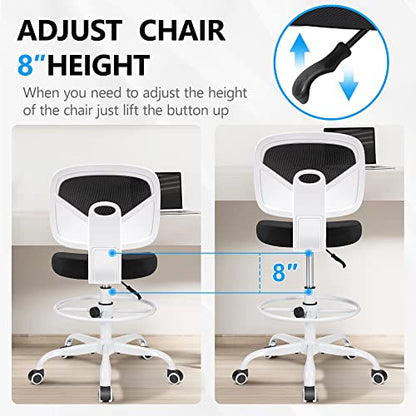 Primy Armless Mid-Back Ergonomic Standing Desk Chair - Mesh Rolling Tall Chair, Adjustable Height and Footring, Art Room, Office or Home (White) - color: White, size: PR777-Z
