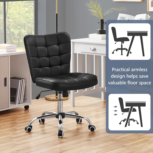Yaheetech Black Tufted Armless Office Desk Chair with Wheels, Faux Leather - color: Black