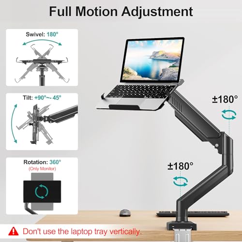 MOUNT PRO Laptop Arm Mount for Desk, Fits Max 17" Notebook and 32" Monitors | 2 in 1 Function Monitor Laptop Stand Holds up to 22lbs, Aluminum Single Monitor Holder with Adjustable Tray - size: Without Pole