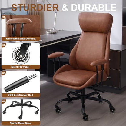Leather Executive Office Chair, Computer Desk Chair, Brown | Ergonomic, Rubber Wheels, Lumbar Support, 360° Swivel, High Back, Adjustable Height, for Modern Home Office - color: Espresso Brown
