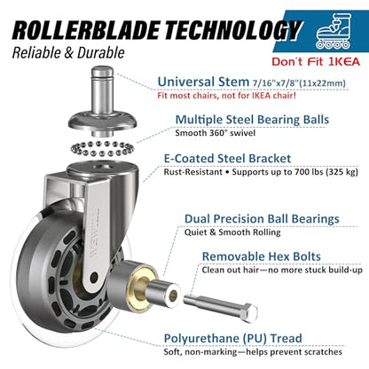 WEWILL Office Chair Wheels - Rubber Casters Replacement Universal Fit 98% Chair(Set of 5) Heavy Duty 3 Inch Smoothly & Quietly Safe for All Floor, Hardwood, Tile, Carpet, Noise Free - Sliver - color: Silver