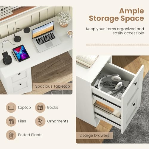 Tangkula White Desk with Drawers & Charging Station, Wooden Home Office Desk PC Laptop Notebook Desk, Compact Study Desk Writing Desk, Computer Workstation Ideal for Home & Office - color: White