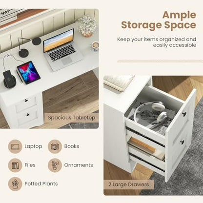 Tangkula White Desk with Drawers & Charging Station, Wooden Home Office Desk PC Laptop Notebook Desk, Compact Study Desk Writing Desk, Computer Workstation Ideal for Home & Office - color: White