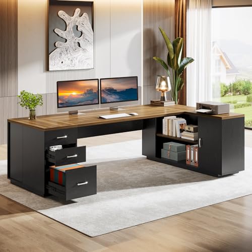 Tribesigns 86" L-Shaped Executive Office Desk, Extra Large Home Office Desk - color: Brown&black