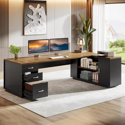 Tribesigns 86" L-Shaped Executive Office Desk, Extra Large Home Office Desk - color: Brown&black
