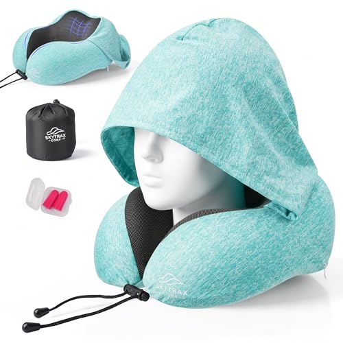SkytraxComf® Travel Neck Pillow with Hood for Privacy on Long Flights | Memory Foam | Airplane Sleep | Safety-Tested Materials | Extra Large Hood | Chin Support | Earplugs | Washable Cover - color: Mint Blue