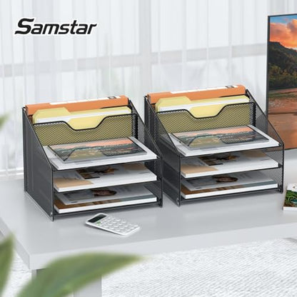 Samstar 2 Pack Mesh Desk File Organizer Letter Tray Holder, Desktop File Folder Holder with 3 Paper Trays and 2 Vertical Upright Section, Black - color: 2 Pack