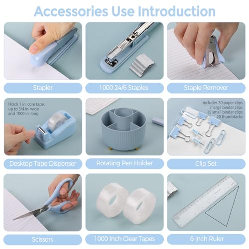 SKYDUE Blue Desk Accessories 11Pcs with Rotating Pen Holder for Desk | Included Stapler with Staples, Staple Remover, Tape Dispenser,2pcs Tape Refills, Binder Paper Clips Kit, Scissor, 2pcs Pens - color: Blue