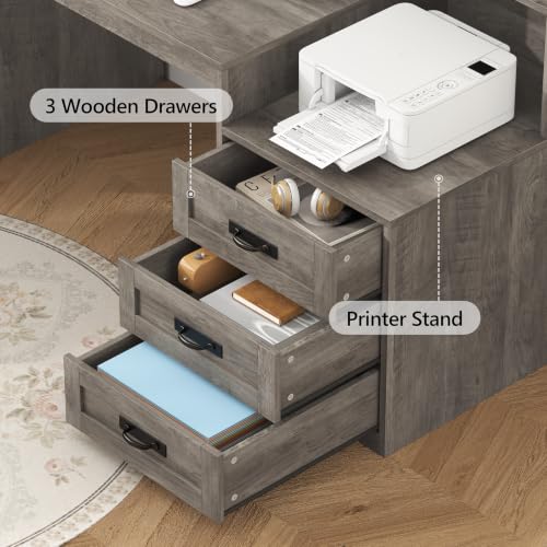 65" Farmhouse Computer Desk with Drawers and Printer Stand for Home Office - color: Grey