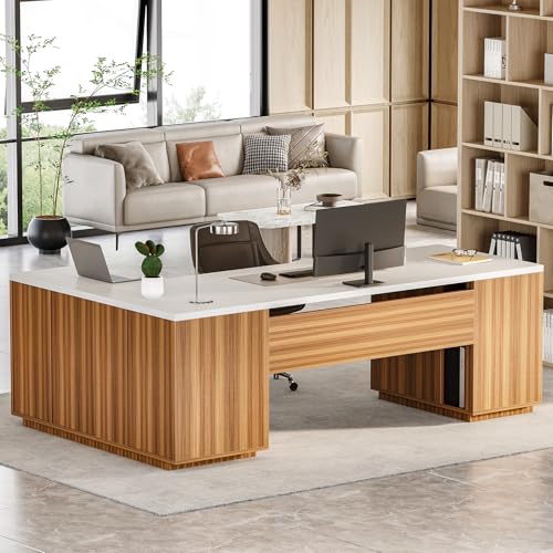 LITTLE TREE 87-Inch Modern Executive Desk with File Cabinet, Large Home Office Desk with Drawers, 3-Drawer Wooden File Cabinet, Spacious Workstation for Home Office (White & Brown) - color: White and Brown