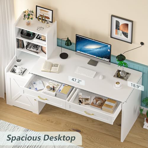60" White Computer Desk with Drawers & Bookshelves for Bedroom, Home Office - color: White