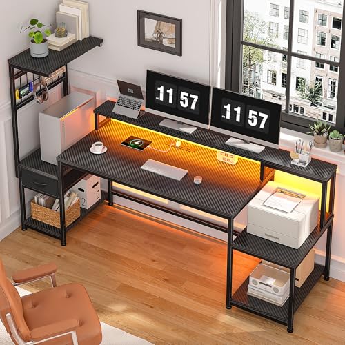 DurayLoly 63" Gaming Desk with RGB LED,Headphone Hook Shelves for Bedroom - color: Black, size: 19.6"Dx63"Wx51"H