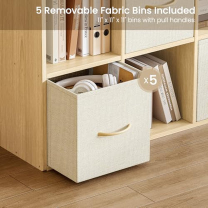 EXPERLAM 9 Cube Storage Organizer - Solid Wood Bookshelf with 5 Storage Bins, Cube Shelf with 3 Removable Back Panels, Vertical or Horizontal Bookcase, Open Book Shelf for Bedroom, Living Room, Office - size: 9 Cube Shelf