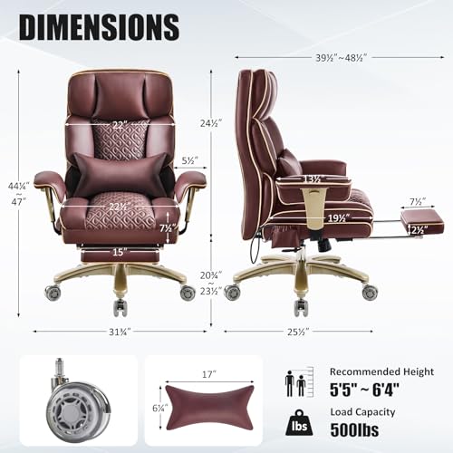Executive Desk Chir with Adjustable Air Back Support, Luxury Ergonomic PU Leather Office Chair with Lumbar Massage High-Back 3-Level Tilt 360° Swivel Silent Wheels Height Adjustment,Footrest, Brown - color: Brown
