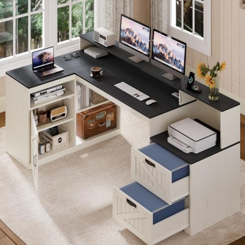 TVU Farmhouse L Shaped Desk with Drawers, 62.2" Home Office Desk with Storage Shelves and Power Outlet, L Shaped Computer Desk with Monitor Stand and Printer Shelf, Black and White - color: Black and White