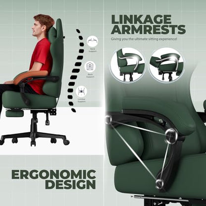 GTPLAYER Big and Tall Gaming Chair 400lbs Heavy Duty Office Chair with Footrest, High Back Pocket Spring Ergonomic Computer Chair for Adults, Wide Seated Cushion with Linkage Armrests, Leather Green - color: Dark Green
