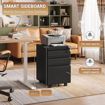 3 Drawer Small Under Desk Rolling File Cabinet with Lock for Home Office | Fully Assembled,Central Locking System,Metal,Pencil Tray,Hanging File Bar,Anti-Tipping Caster - color: Black