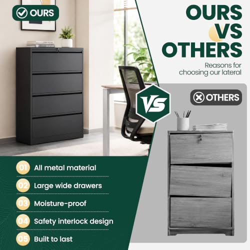 4 Drawer Lateral File Cabinet, Metal Filing Cabinet for Home Office, Black | Heavy-Duty Steel Locking Large File Cabinet, Hanging Letter/Legal/A4 Size, Full-Extension Silent Drawer, Un-Assembly - color: Black, size: 4 Drawers (35.43 in Width)