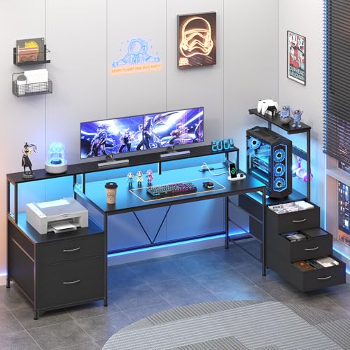 63" Gaming Desk with Drawers, Storage Shelves and Printer Stand | Balck Computer Desk with Monitor Stand and LED Lights, Reversible Home Office Desk with Printer Shelf - color: Black