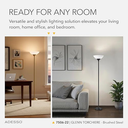 Adesso Dual-Socket Floor Lamp, Brushed Steel & White, 3-Way, 71” - color: Brushed Steel