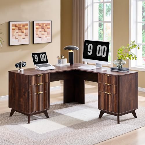 T4TREAM 60-Inch Modern Fluted L-Shaped Executive Desk, Dark Walnut | Charging Station, File Drawer, Storage Cabinet, Organized Corner Workspace for Home, Office, Bedroom - color: Dark Walnut