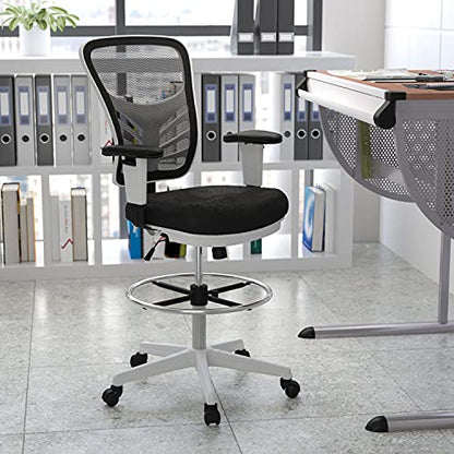 EMMA + OLIVER White Mid-Back Mesh Drafting Chair | Adjustable Foot Ring, 360° Swivel, Height Adjustable, Commercial Grade - color: Black Mesh/White Frame