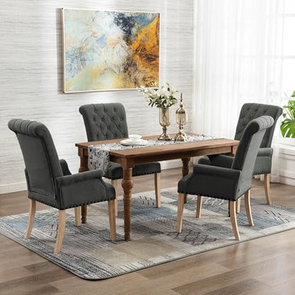 LOULENS Linen Dining Chair with Arms, Tufted Dining Room Chairs, Dark Grey | Solid Wood Legs, Nailhead Trim, Accent Chair, Kitchen Chair - color: Dark Grey-a, size: 1 PCS