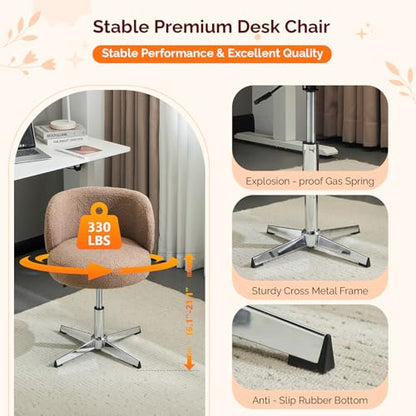 VINGLI Cute Small Swivel Desk Chair Comfy no Wheels,Ergonomic Low-Back Lumbar Support Vanity Nail Tech Computer Task Stool Chair for Home Office,Height Adjustable,Teddy Fleece,Brown - color: Brown-teddy Fleece, style: No wheel